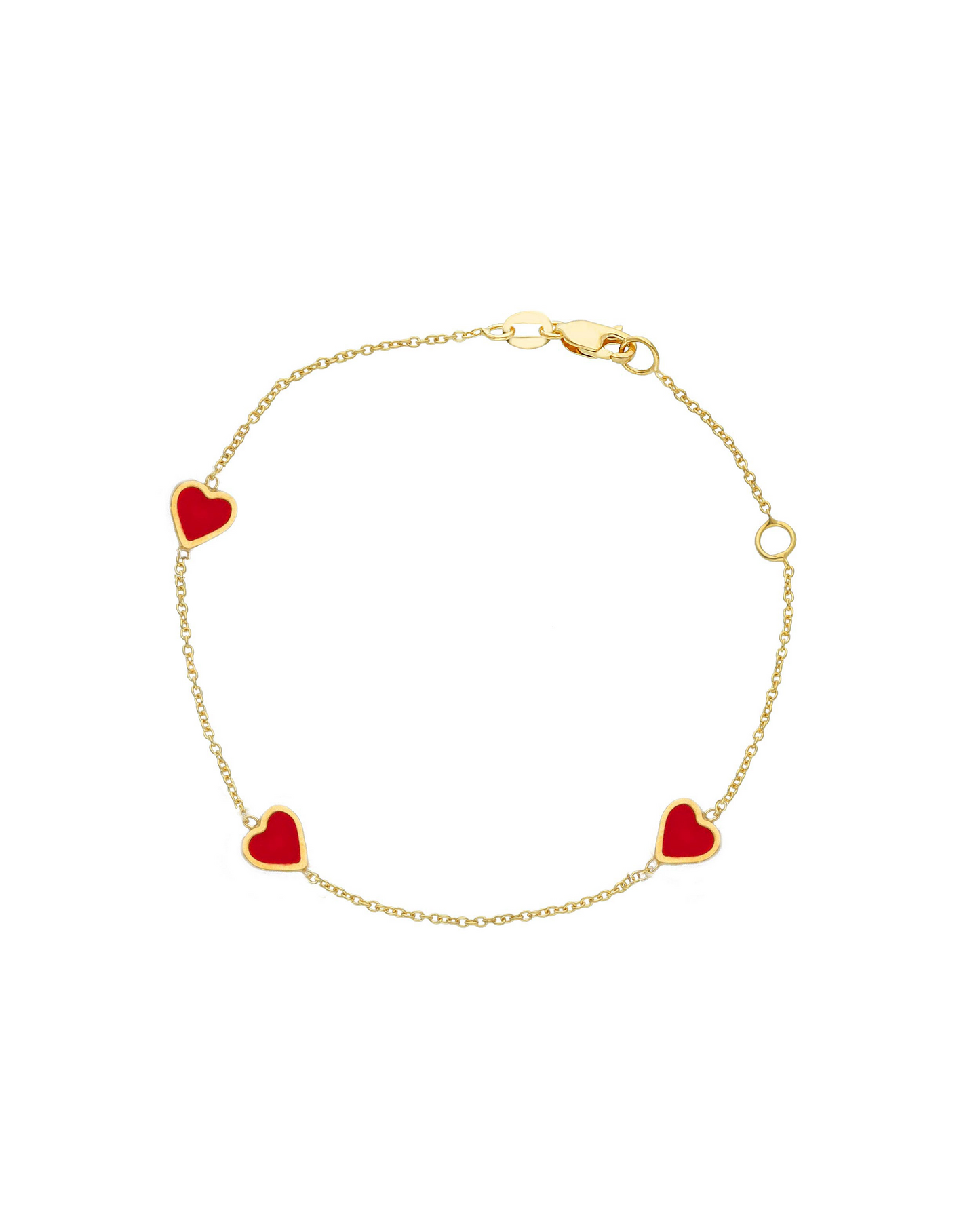 Bracciale bimbo Little Hearts in oro giallo 18k con tre cuori smaltati rossi, lunghezza regolabile 14+2 cm