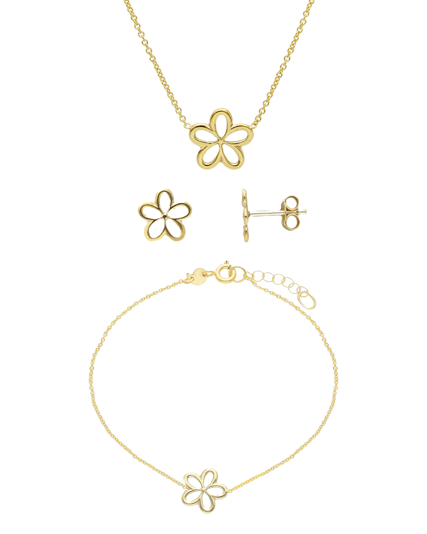 Set Flower in oro giallo 9 carati con bracciale, collana e orecchini, impreziositi da ciondoli a forma di fiore.