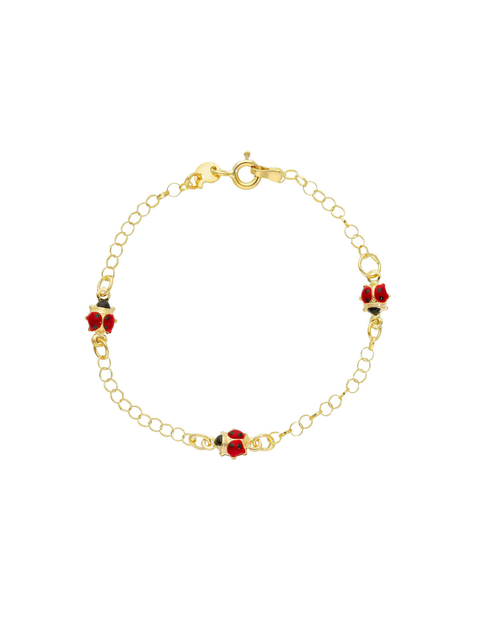 Bracciale Ladybug in oro giallo 9 carati con coccinelle smaltate rosse e nere, misura 14 cm, per bambini.