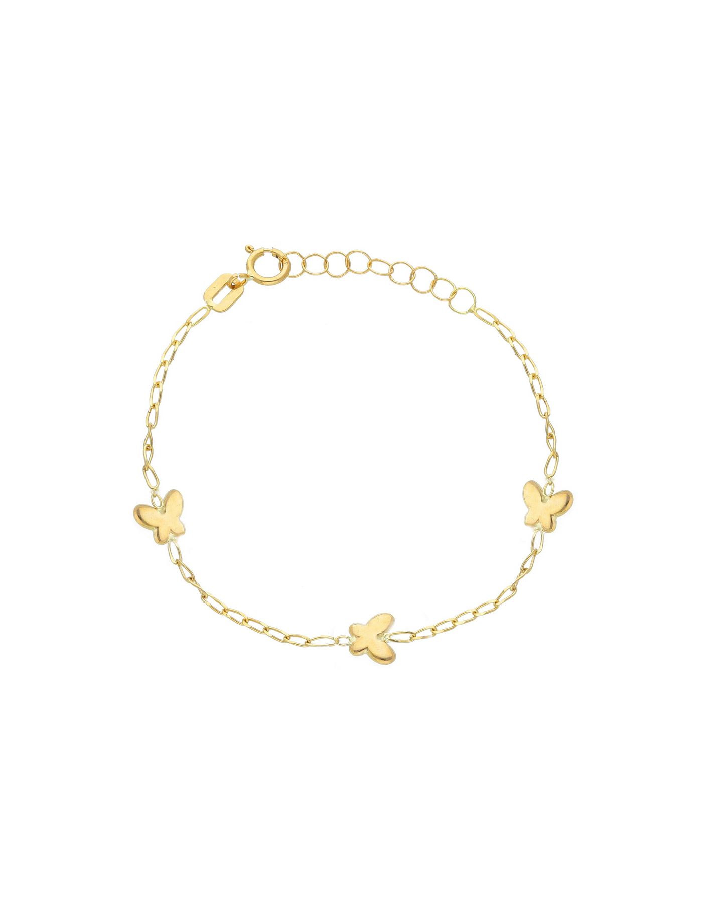 Bracciale Little Butterflies in oro giallo 9 carati con tre farfalle di 5x5 mm e catena sottile, per bambina.