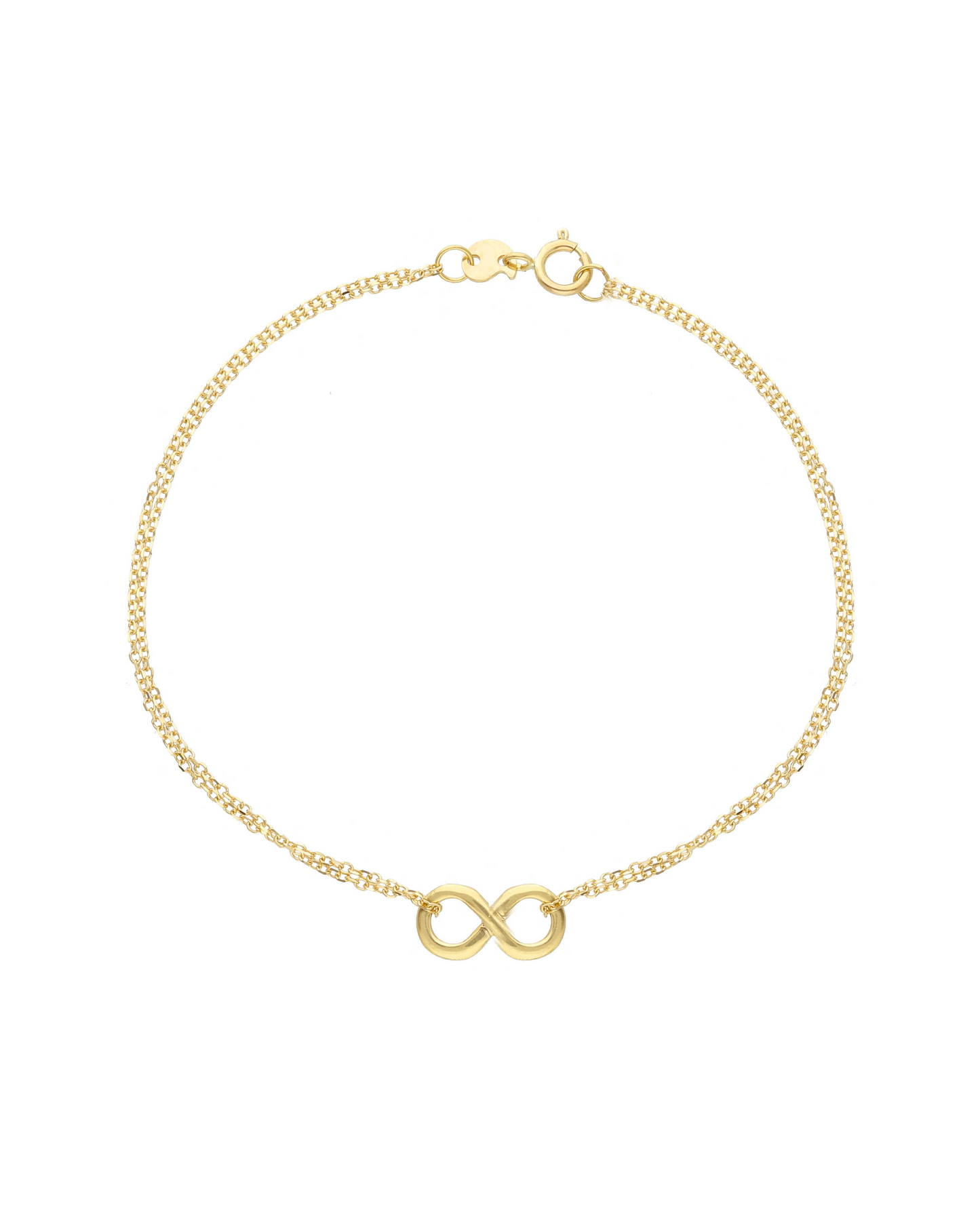 Bracciale Forever in oro giallo 9 carati con ciondolo a forma di infinito e catena sottile regolabile.