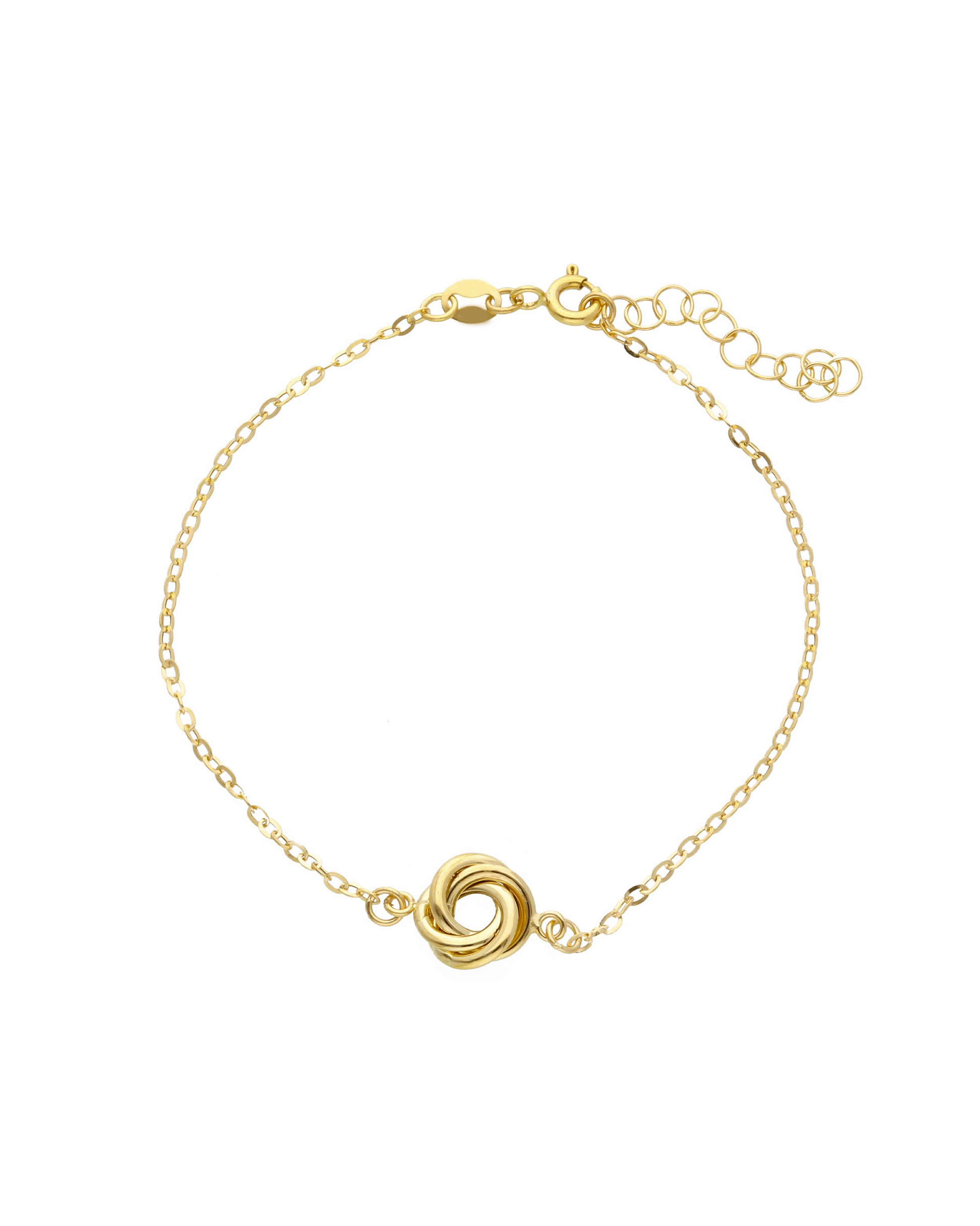 Bracciale Ciambellino in oro giallo 18 carati con catena sottile e dettaglio a nodo centrale, design elegante e minimalista.