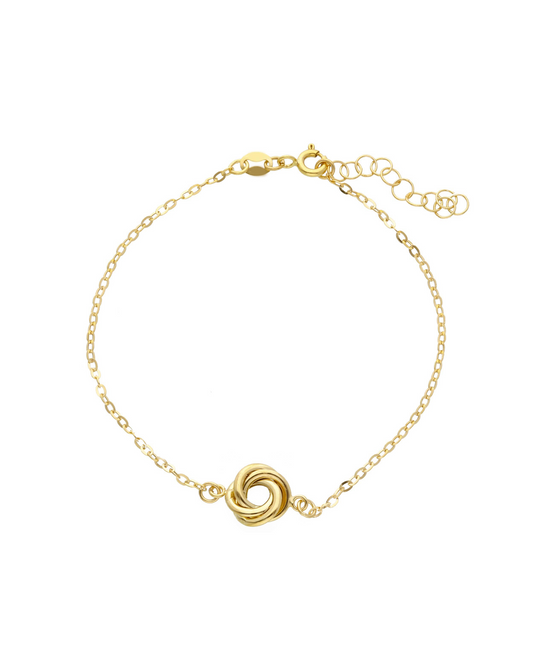 Bracciale Ciambellino in oro giallo 18 carati con catena sottile e dettaglio a nodo centrale, design elegante e minimalista.