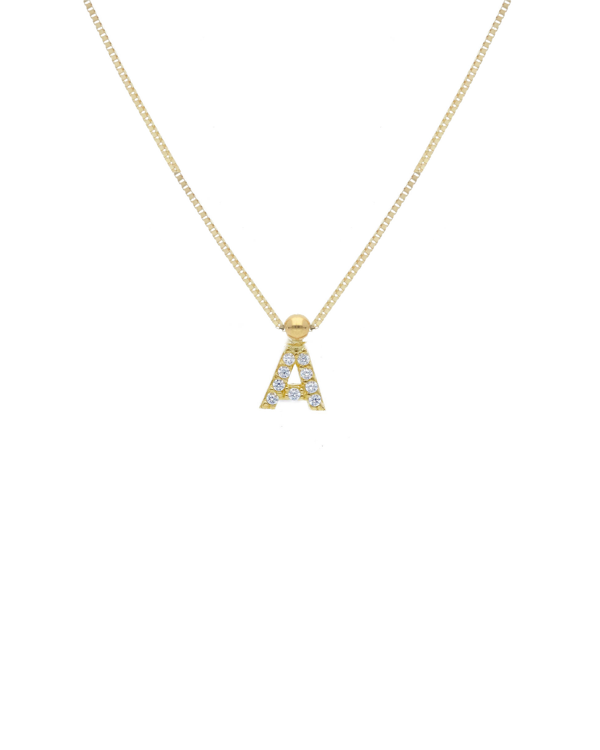 Collana in oro giallo con ciondolo a forma di lettera "A" tempestato di cubic zirconia e catena regolabile 38+4 cm, design elegante e personalizzato.