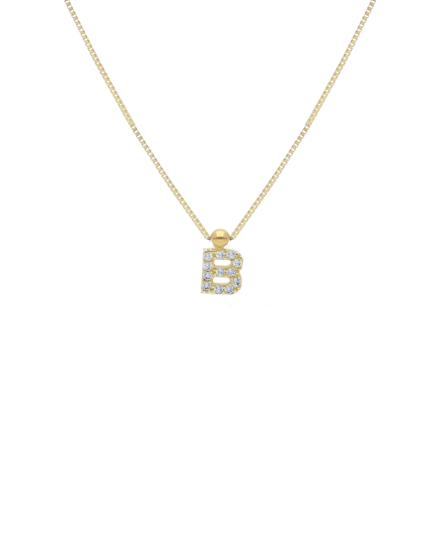 Collana in oro giallo con ciondolo a forma di lettera "B" tempestato di cubic zirconia e catena regolabile 38+4 cm, design elegante e personalizzato.