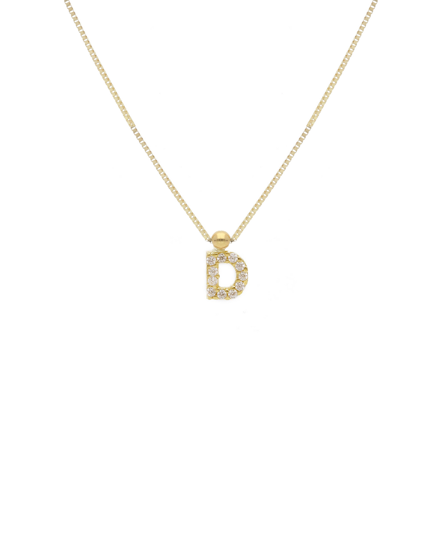 Collana in oro giallo con ciondolo a forma di lettera "D" tempestato di cubic zirconia e catena regolabile 38+4 cm, design elegante e personalizzato.