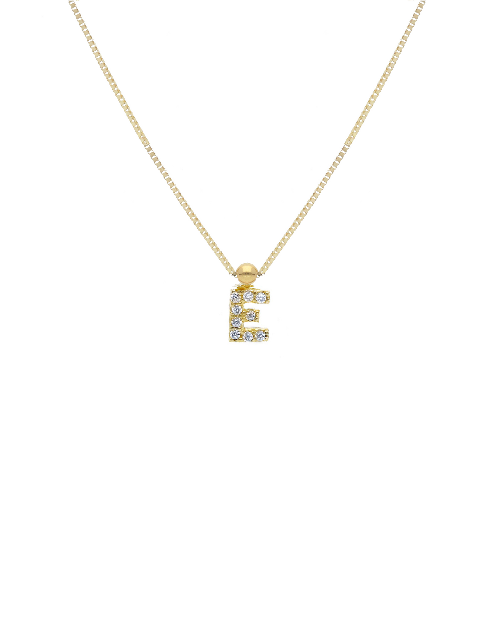 Collana in oro giallo con ciondolo a forma di lettera "E" tempestato di cubic zirconia e catena regolabile 38+4 cm, design elegante e personalizzato.