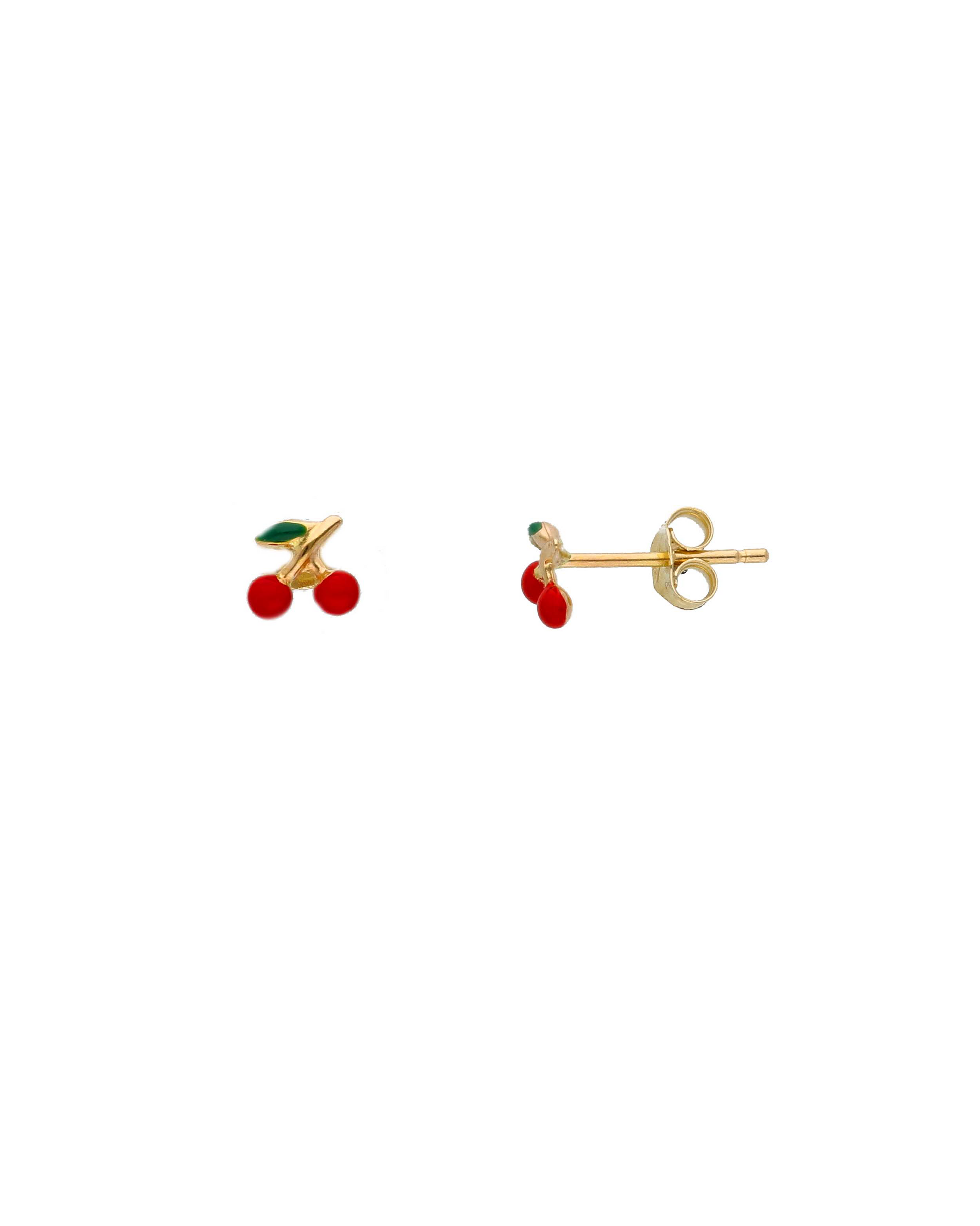 Orecchini Cherry in oro giallo 18 carati con design a ciliegie in smalto rosso e verde, misura 5x5 mm, per bambina.