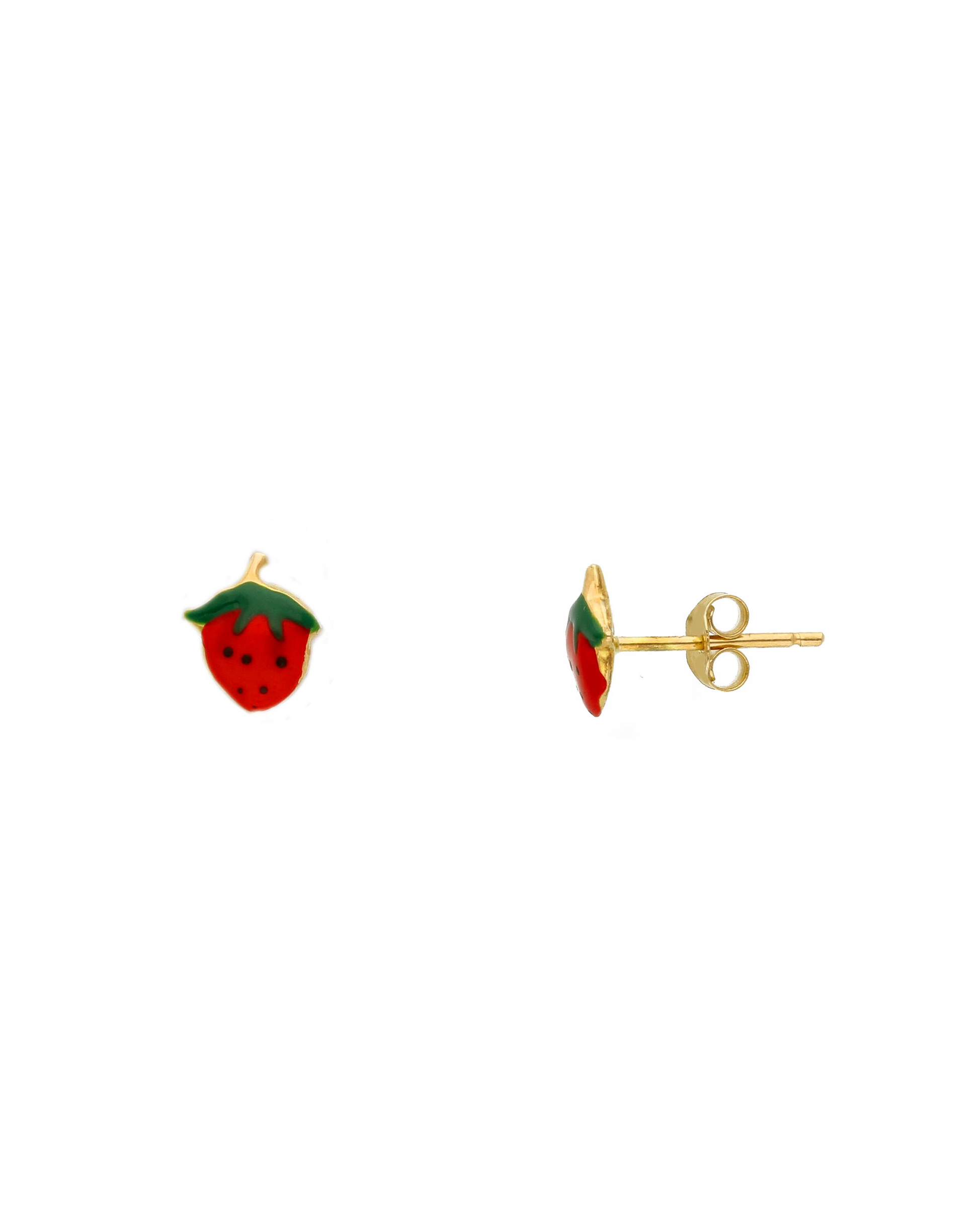 Orecchini Strawberry in oro giallo 18 carati con design a fragola in smalto rosso e verde, misura 6x8 mm, per bambina.