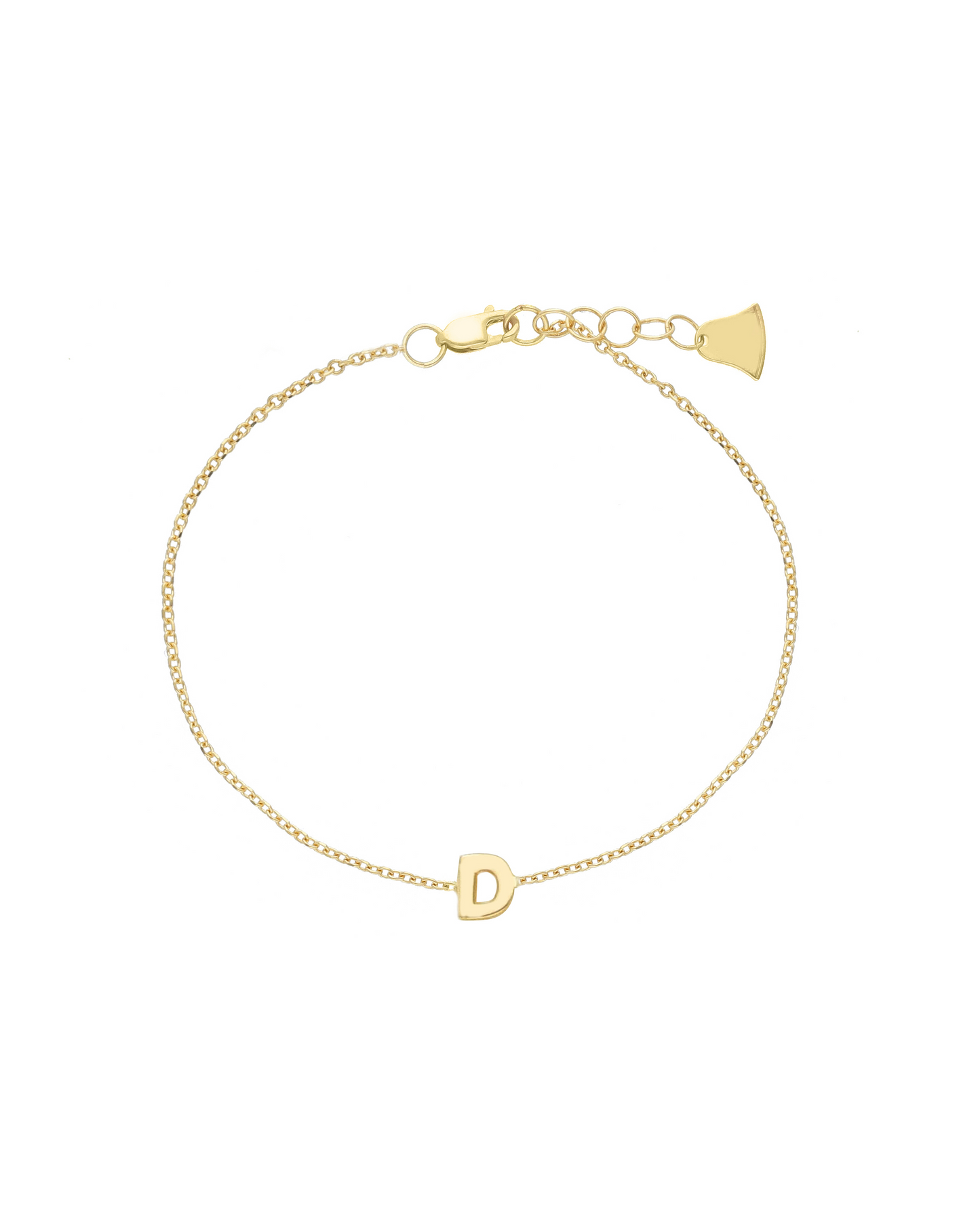 Bracciale iniziale in oro giallo 18 carati con catena sottile e lettera "D" centrale, design elegante e unisex.