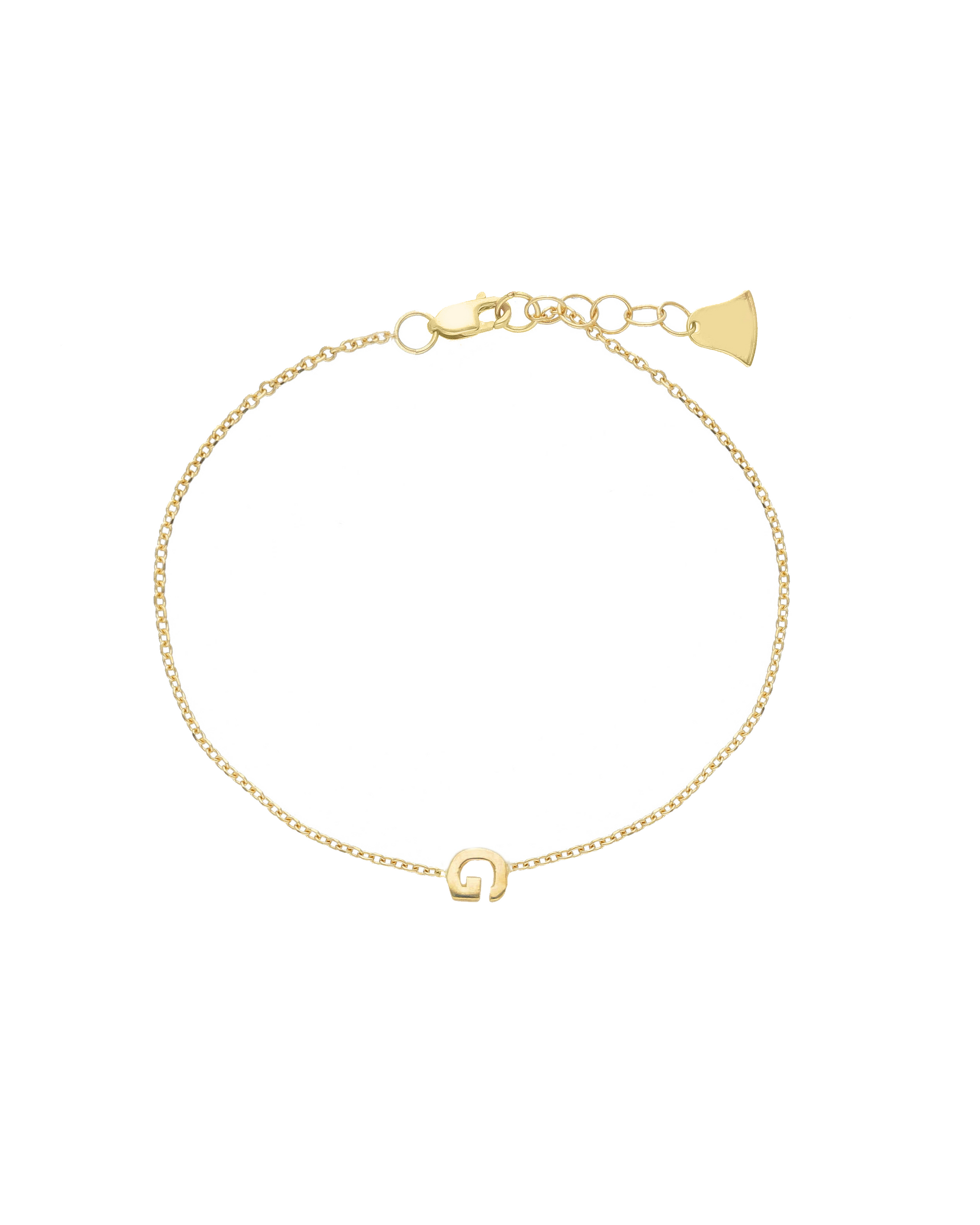 Bracciale iniziale in oro giallo 18 carati con catena sottile e lettera "G" centrale, design elegante e unisex.