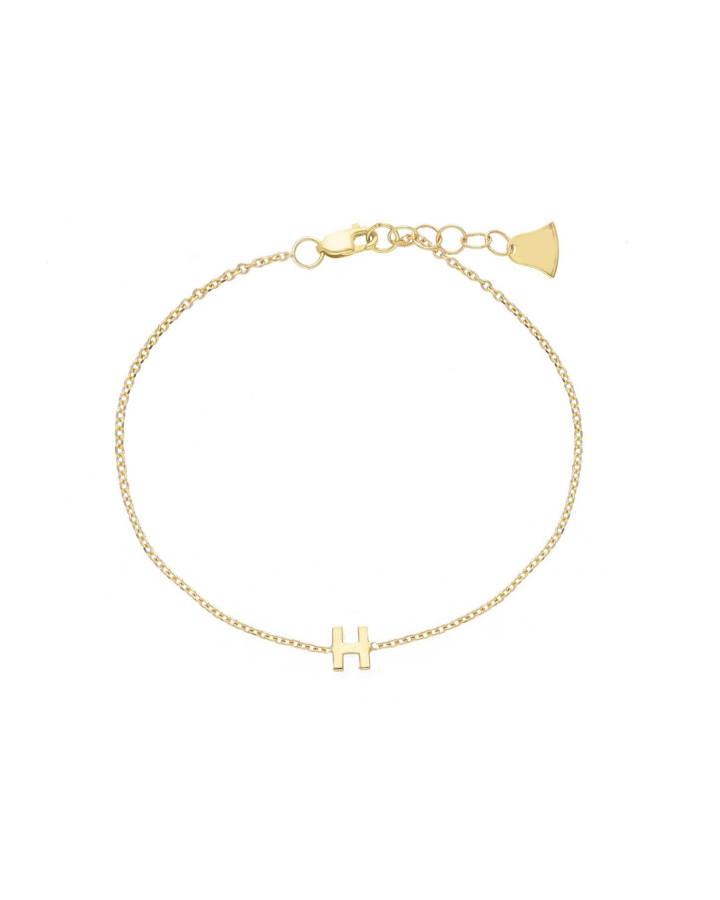 Bracciale iniziale in oro giallo 18 carati con catena sottile e lettera "H" centrale, design elegante e unisex.