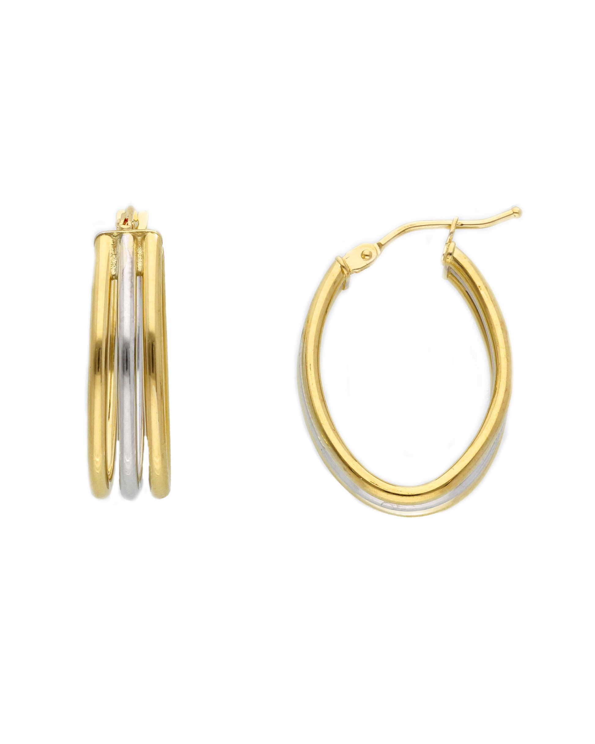Orecchini Ottavia Classic in oro giallo e bianco 18k a tre cerchi indossati