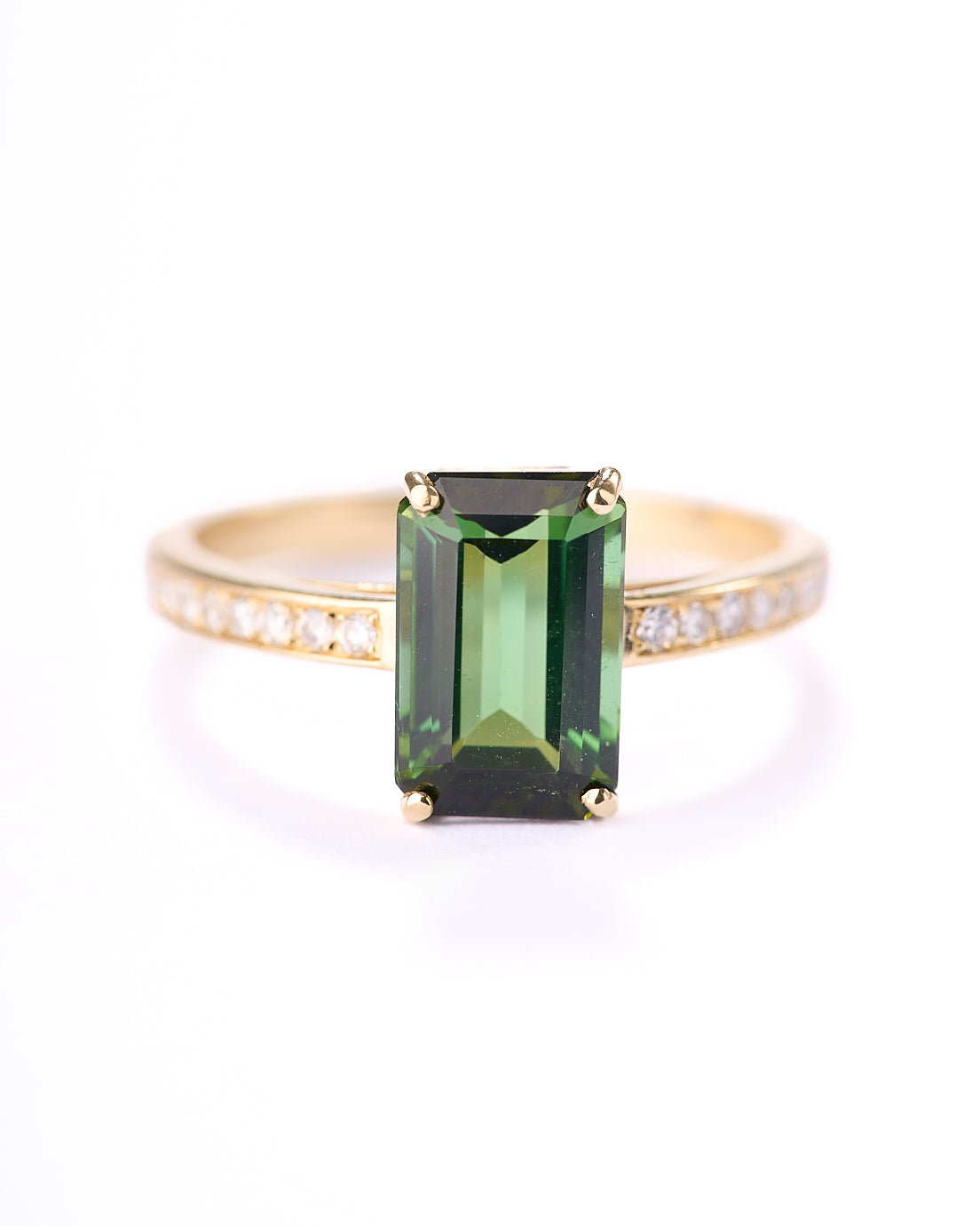 Anello Orphèè oro giallo 18 carati, tormalina verde taglio smeraldo, diamanti.